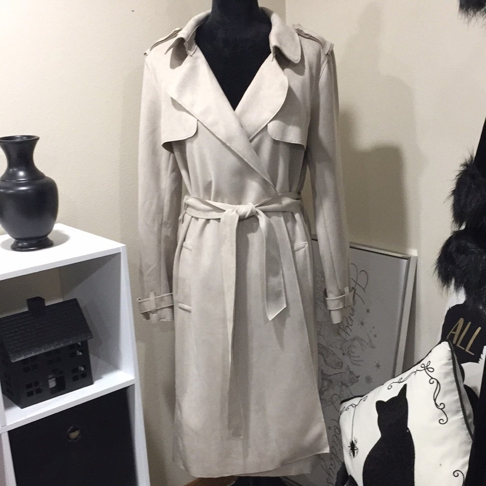 Magaschoni Faux Suede Trench Coat in Stone